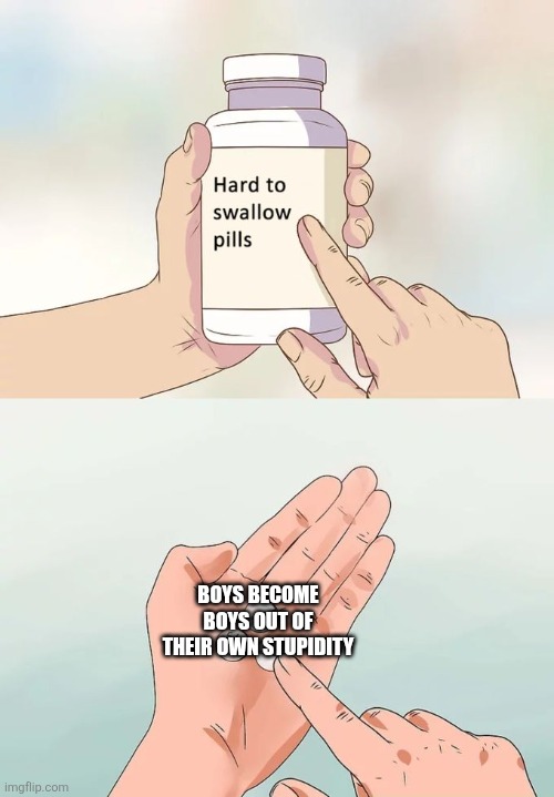 Boys are kinda stupid lol | BOYS BECOME BOYS OUT OF THEIR OWN STUPIDITY | image tagged in memes,hard to swallow pills | made w/ Imgflip meme maker