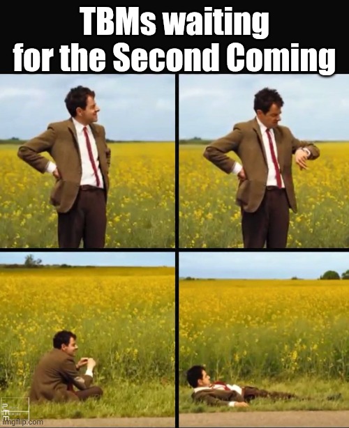 When? | TBMs waiting for the Second Coming | image tagged in mr bean waiting | made w/ Imgflip meme maker