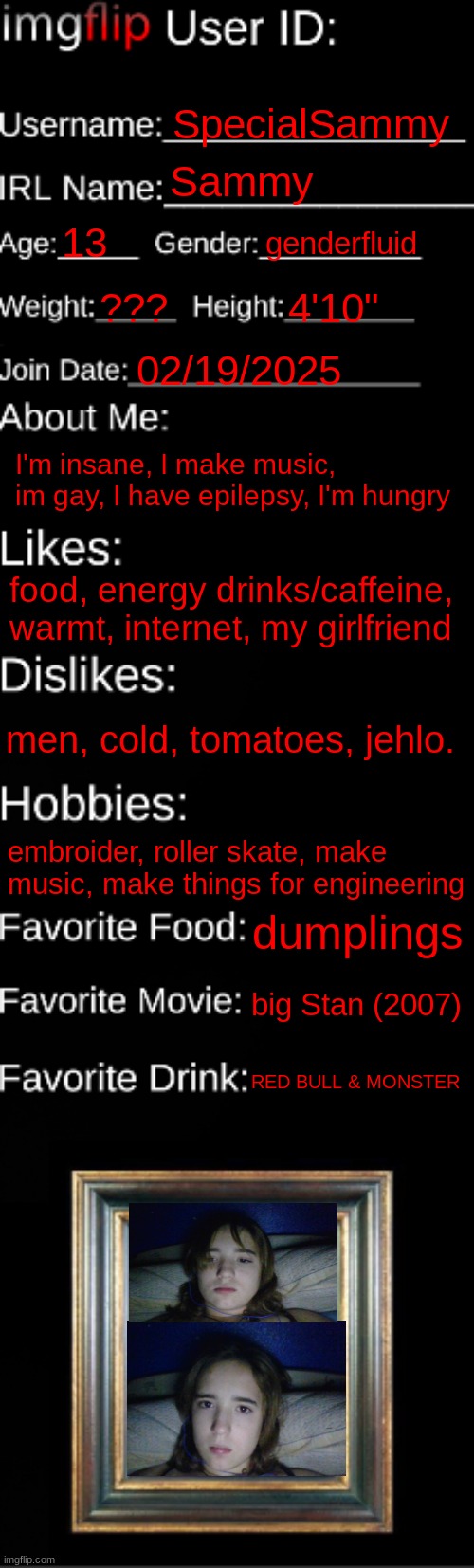 I was bored so be quiet | SpecialSammy; Sammy; 13; genderfluid; ??? 4'10"; 02/19/2025; I'm insane, I make music, im gay, I have epilepsy, I'm hungry; food, energy drinks/caffeine, warmt, internet, my girlfriend; men, cold, tomatoes, jehlo. embroider, roller skate, make music, make things for engineering; dumplings; big Stan (2007); RED BULL & MONSTER | image tagged in imgflip id card | made w/ Imgflip meme maker