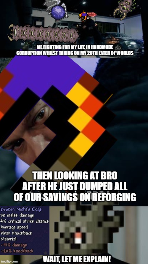 Should've bought a safe | ME FIGHTING FOR MY LIFE IN HARDMODE CORRUPTION WHILST TAKING ON MY 20TH EATER OF WORLDS; THEN LOOKING AT BRO AFTER HE JUST DUMPED ALL OF OUR SAVINGS ON REFORGING; WAIT, LET ME EXPLAIN! | image tagged in terraria,gambling,video games,survival,funny memes,grinding | made w/ Imgflip meme maker