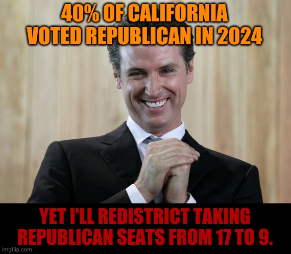Scheming Gavin Newsom  | 40% OF CALIFORNIA VOTED REPUBLICAN IN 2024 YET I'LL REDISTRICT TAKING REPUBLICAN SEATS FROM 17 TO 9. | image tagged in scheming gavin newsom | made w/ Imgflip meme maker