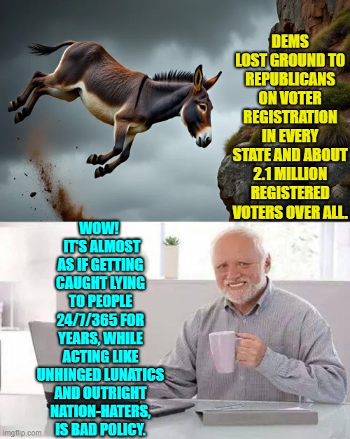 Seriously.  All conservatives did to counter them was to tell the truth.  Think about that. | DEMS LOST GROUND TO REPUBLICANS ON VOTER REGISTRATION IN EVERY STATE AND ABOUT 2.1 MILLION REGISTERED VOTERS OVER ALL. WOW!   IT'S ALMOST AS IF GETTING CAUGHT LYING TO PEOPLE 24/7/365 FOR YEARS, WHILE ACTING LIKE UNHINGED LUNATICS AND OUTRIGHT NATION-HATERS, IS BAD POLICY. | image tagged in hide the pain harold | made w/ Imgflip meme maker