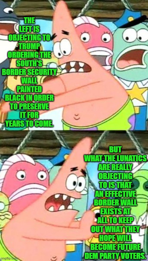 You just aren't supposed to have enough functioning brain-cells to see through the leftist B.S. | THE LEFT IS OBJECTING TO TRUMP ORDERING THE SOUTH'S BORDER SECURITY WALL PAINTED BLACK IN ORDER TO PRESERVE IT FOR YEARS TO COME. BUT WHAT THE LUNATICS ARE REALLY OBJECTING TO IS THAT AN EFFECTIVE BORDER WALL EXISTS AT ALL TO KEEP OUT WHAT THEY HOPE WILL BECOME FUTURE DEM PARTY VOTERS. | image tagged in put it somewhere else patrick | made w/ Imgflip meme maker