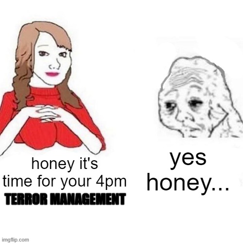 yes honey terror management | yes honey... honey it's time for your 4pm; TERROR MANAGEMENT | image tagged in yes honey,psychology,existentialism,horror,terror | made w/ Imgflip meme maker