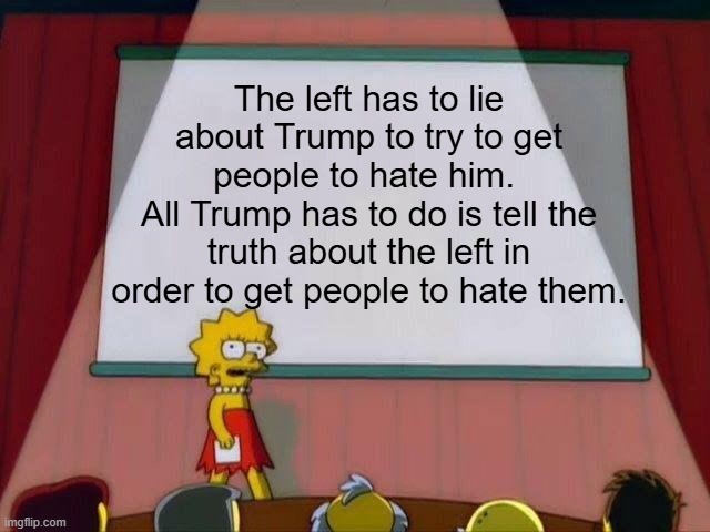 If you have to lie to trick people on your side - you're the bad guy | The left has to lie about Trump to try to get people to hate him. 
All Trump has to do is tell the truth about the left in order to get people to hate them. | image tagged in lisa simpson's presentation,politics,liberal hypocrisy,leftists,cult,fascists | made w/ Imgflip meme maker