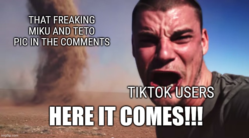 Even that 42 corny pics?? | THAT FREAKING
MIKU AND TETO
PIC IN THE COMMENTS; TIKTOK USERS; HERE IT COMES!!! | image tagged in here it comes | made w/ Imgflip meme maker
