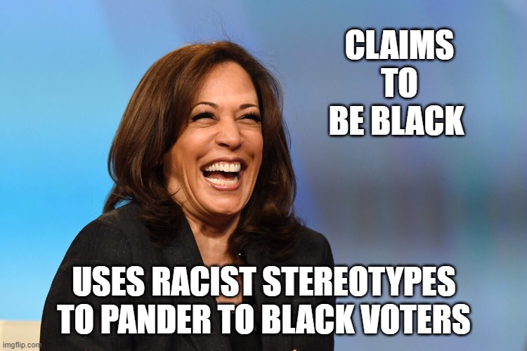 I found the female "UNCLE RUCKUS" | CLAIMS TO BE BLACK; USES RACIST STEREOTYPES TO PANDER TO BLACK VOTERS | image tagged in kamala harris laughing,kamala harris,crime bill | made w/ Imgflip meme maker