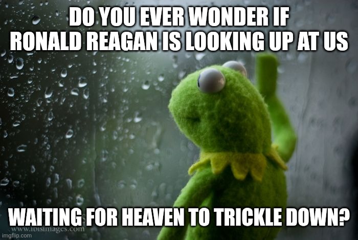 kermit window | DO YOU EVER WONDER IF RONALD REAGAN IS LOOKING UP AT US; WAITING FOR HEAVEN TO TRICKLE DOWN? | image tagged in kermit window | made w/ Imgflip meme maker