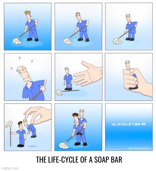 Barely Baked Beans | THE LIFE-CYCLE OF A SOAP BAR | image tagged in comics,barely baked beans,life cycle,soap bar | made w/ Imgflip meme maker