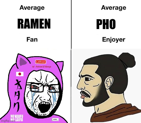 Ramen vs Pho | RAMEN; PHO | image tagged in average fan vs average enjoyer,memes,food memes,shitpost,lol,virgin vs chad | made w/ Imgflip meme maker