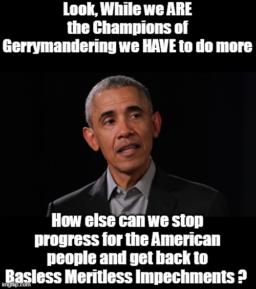 Lose the House? & that's ALL we will have | Look, While we ARE the Champions of Gerrymandering we HAVE to do more; How else can we stop progress for the American people and get back to Basless Meritless Impechments ? | image tagged in obama gerrymandering meme | made w/ Imgflip meme maker