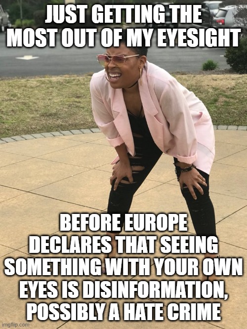 Black woman squinting | JUST GETTING THE MOST OUT OF MY EYESIGHT; BEFORE EUROPE DECLARES THAT SEEING SOMETHING WITH YOUR OWN EYES IS DISINFORMATION, POSSIBLY A HATE CRIME | image tagged in black woman squinting | made w/ Imgflip meme maker