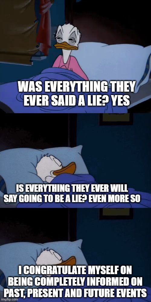 100% informed on all events as of today. | WAS EVERYTHING THEY EVER SAID A LIE? YES; IS EVERYTHING THEY EVER WILL SAY GOING TO BE A LIE? EVEN MORE SO; I CONGRATULATE MYSELF ON BEING COMPLETELY INFORMED ON PAST, PRESENT AND FUTURE EVENTS | image tagged in donald duck wake up | made w/ Imgflip meme maker