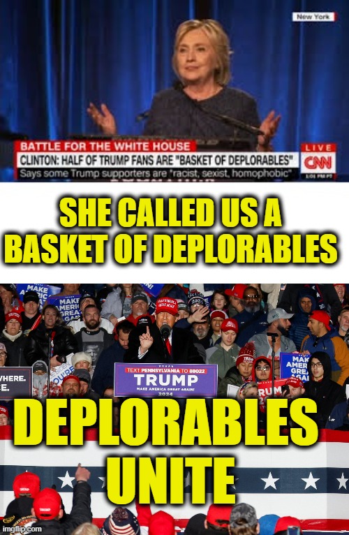 Not tired of winning yet | SHE CALLED US A
BASKET OF DEPLORABLES; DEPLORABLES 
UNITE | image tagged in president trump | made w/ Imgflip meme maker