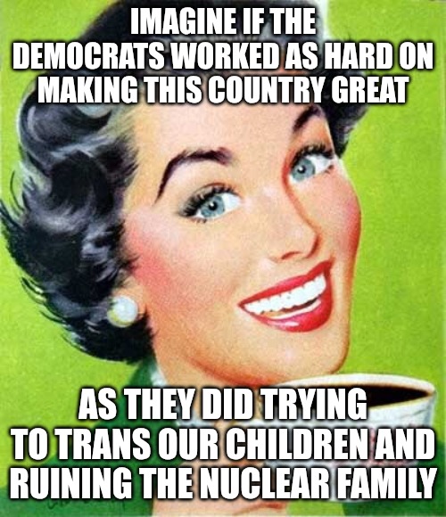 Our country would be far greater if this were true. | IMAGINE IF THE DEMOCRATS WORKED AS HARD ON MAKING THIS COUNTRY GREAT; AS THEY DID TRYING TO TRANS OUR CHILDREN AND RUINING THE NUCLEAR FAMILY | image tagged in mom,democrats,leftists,maga | made w/ Imgflip meme maker