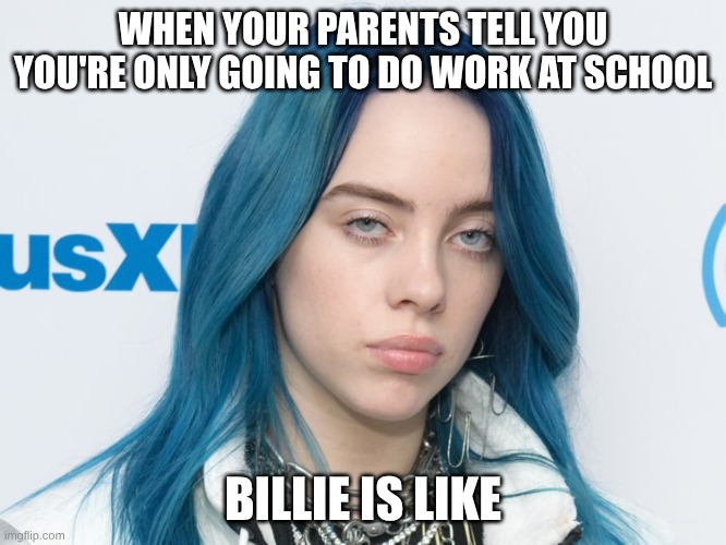 Unhappy Billie Eilish | WHEN YOUR PARENTS TELL YOU YOU'RE ONLY GOING TO DO WORK AT SCHOOL; BILLIE IS LIKE | image tagged in unhappy billie eilish | made w/ Imgflip meme maker