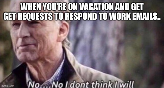 Work vacation emails | WHEN YOU’RE ON VACATION AND GET GET REQUESTS TO RESPOND TO WORK EMAILS.. | image tagged in no i don't think i will | made w/ Imgflip meme maker