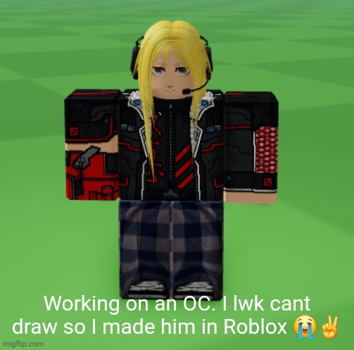 His name is Kael Stryker (Pronounced "Kale Striker") | Working on an OC. I lwk cant draw so I made him in Roblox 😭✌️ | made w/ Imgflip meme maker