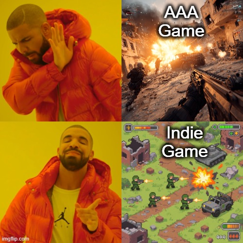 Gamers Be Like | AAA Game; Indie Game | image tagged in memes,drake hotline bling,indie,video games | made w/ Imgflip meme maker