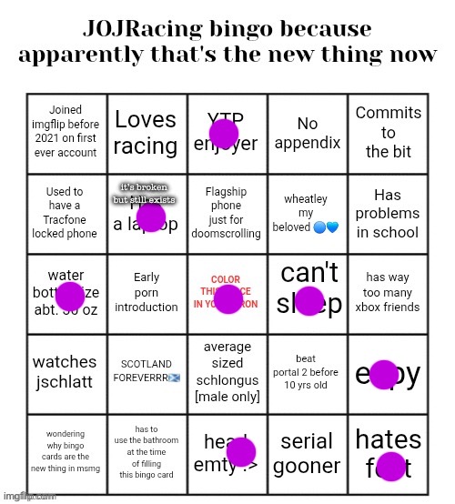 JOJRacingOfficial bingo | it’s broken but still exists | image tagged in jojracingofficial bingo | made w/ Imgflip meme maker