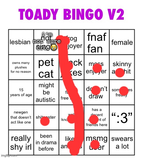 toady bingo v2 | i’m not sure cro 😭 | image tagged in toady bingo v2 | made w/ Imgflip meme maker
