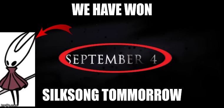 OMG ITS SOON IOHJiuhreiughegoibrgliuh | WE HAVE WON; SILKSONG TOMMORROW | image tagged in hollow knight | made w/ Imgflip meme maker