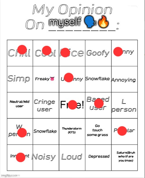 10/10 would bingo again | myself 🗣🔥 | image tagged in my opinion on ________ bingo by andika v2 | made w/ Imgflip meme maker
