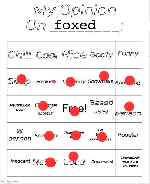 My Opinion On ________: Bingo by Andika V2 | foxed | image tagged in my opinion on ________ bingo by andika v2 | made w/ Imgflip meme maker