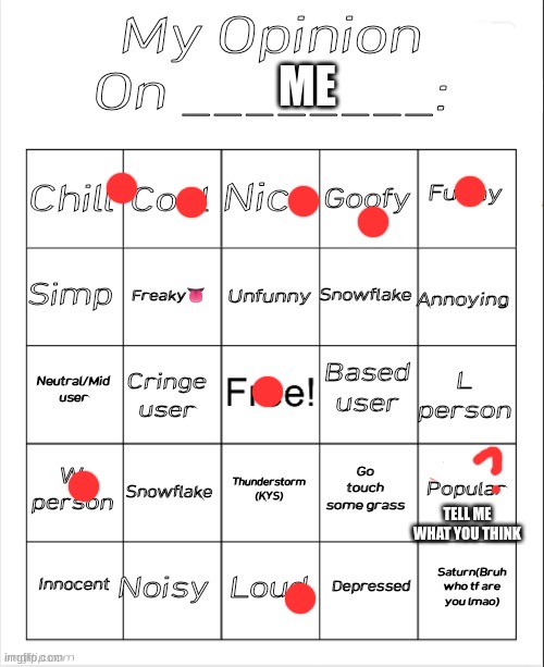 My Opinion On ________: Bingo by Andika V2 | ME; TELL ME WHAT YOU THINK | image tagged in my opinion on ________ bingo by andika v2 | made w/ Imgflip meme maker