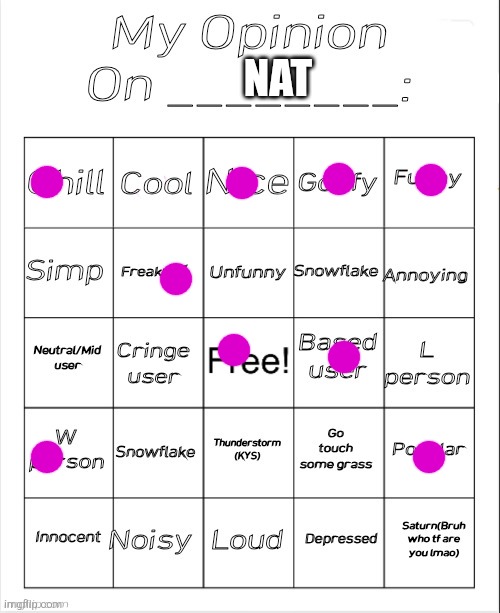 My Opinion On ________: Bingo by Andika V2 | NAT | image tagged in my opinion on ________ bingo by andika v2 | made w/ Imgflip meme maker
