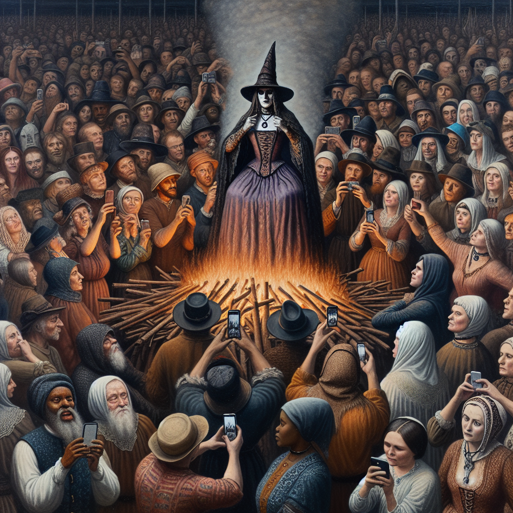 witch on a pyre while audience is looking on smartphones Blank Meme Template
