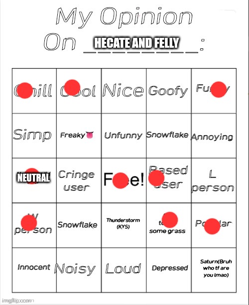 My Opinion On ________: Bingo by Andika V2 | HECATE AND FELLY; NEUTRAL | image tagged in my opinion on ________ bingo by andika v2 | made w/ Imgflip meme maker