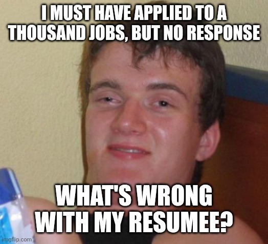 10 Guy Meme | I MUST HAVE APPLIED TO A THOUSAND JOBS, BUT NO RESPONSE; WHAT'S WRONG WITH MY RESUMEE? | image tagged in memes,10 guy | made w/ Imgflip meme maker