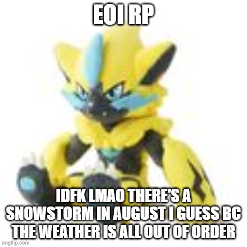 RP.mp3 | EOI RP; IDFK LMAO THERE'S A SNOWSTORM IN AUGUST I GUESS BC THE WEATHER IS ALL OUT OF ORDER | image tagged in zeraora marketable plushie form,roleplaying | made w/ Imgflip meme maker