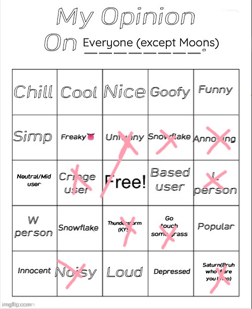 My Opinion On ________: Bingo by Andika V2 | Everyone (except Moons) | image tagged in my opinion on ________ bingo by andika v2 | made w/ Imgflip meme maker