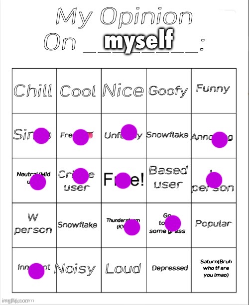 My Opinion On ________: Bingo by Andika V2 | myself | image tagged in my opinion on ________ bingo by andika v2 | made w/ Imgflip meme maker
