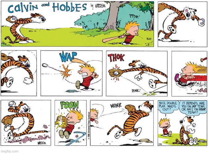 The problems of a baseball game with only two players | image tagged in calvin and hobbes,comics,baseball,confusion | made w/ Imgflip meme maker