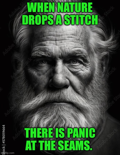 WHEN NATURE DROPS A STITCH; THERE IS PANIC AT THE SEAMS. | image tagged in homeless | made w/ Imgflip meme maker