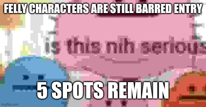 is this nih serious | FELLY CHARACTERS ARE STILL BARRED ENTRY; 5 SPOTS REMAIN | image tagged in is this nih serious | made w/ Imgflip meme maker