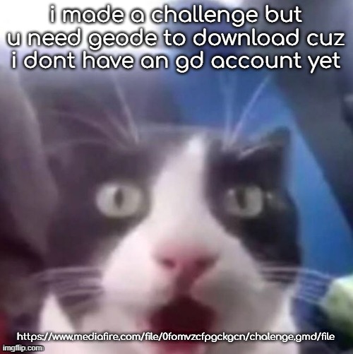 https://www.mediafire.com/file/0fomvzcfpgckgcn/chalenge.gmd/file | i made a challenge but u need geode to download cuz i dont have an gd account yet; https://www.mediafire.com/file/0fomvzcfpgckgcn/chalenge.gmd/file | image tagged in cat shocked | made w/ Imgflip meme maker