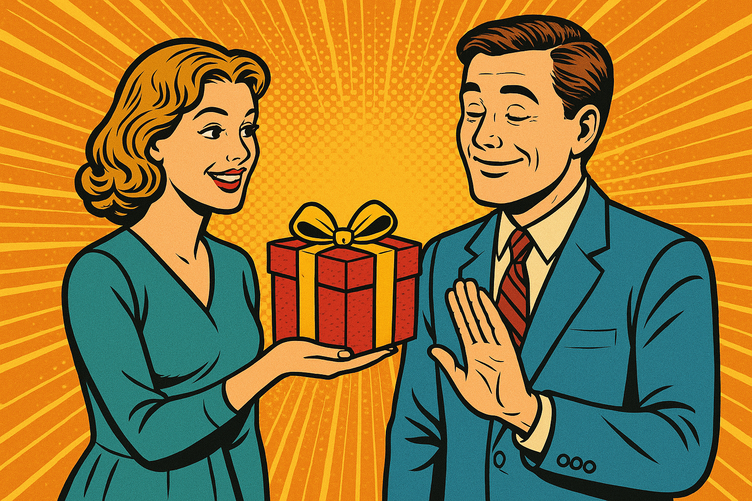 man thanking woman gift Blank Meme Template