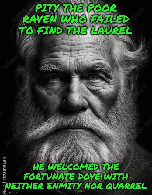 Homeless street wisdom | PITY THE POOR RAVEN WHO FAILED TO FIND THE LAUREL; HE WELCOMED THE FORTUNATE DOVE WITH NEITHER ENMITY NOR QUARREL | image tagged in homeless | made w/ Imgflip meme maker