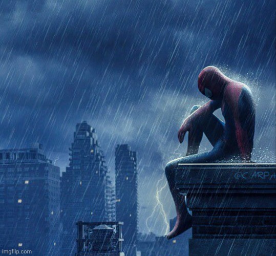 Spiderman Sitting in rain | image tagged in spiderman sitting in rain | made w/ Imgflip meme maker