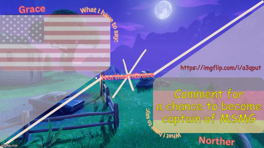 NorthernGrace Temp | https://imgflip.com/i/a3qput; Comment for a chance to become captain of MSMG | image tagged in northerngrace temp | made w/ Imgflip meme maker