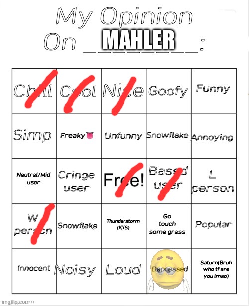 There ya go dea | MAHLER | image tagged in my opinion on ________ bingo by andika v2 | made w/ Imgflip meme maker