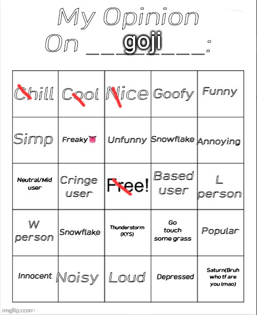 idk i dont know them a lot | goji | image tagged in my opinion on ________ bingo by andika v2 | made w/ Imgflip meme maker