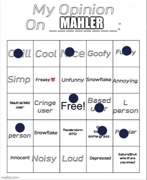 My Opinion On ________: Bingo by Andika V2 | MAHLER | image tagged in my opinion on ________ bingo by andika v2 | made w/ Imgflip meme maker