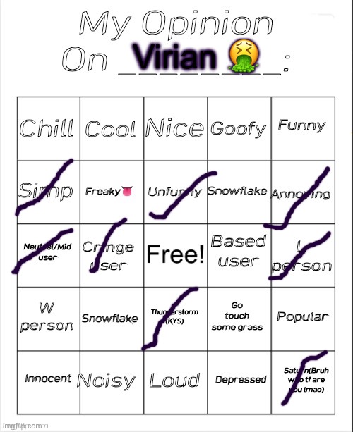 What a weirdo am I right | Virian 🤮 | image tagged in my opinion on ________ bingo by andika v2 | made w/ Imgflip meme maker