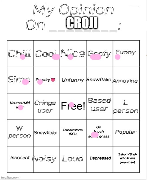 Goji | CROJI | image tagged in my opinion on ________ bingo by andika v2 | made w/ Imgflip meme maker