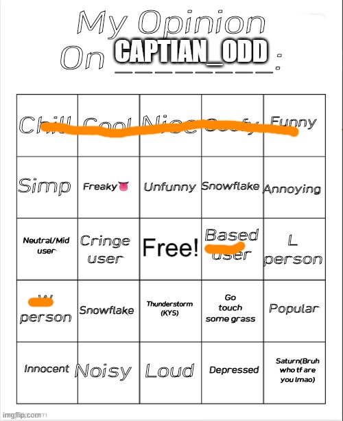 ik its the old username | CAPTIAN_ODD | image tagged in my opinion on ________ bingo by andika v2 | made w/ Imgflip meme maker